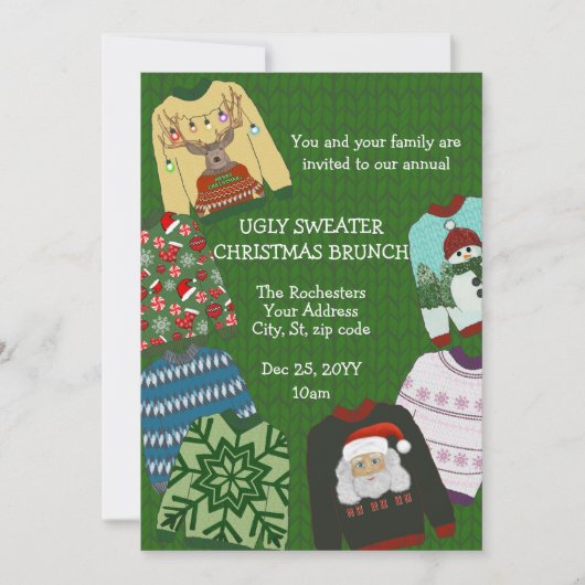 Fun Festive Green Ugly Sweater Weihnachtsbrunch Einladung (Vorderseite)