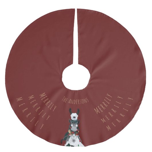 Fun Festive Red Chic Niedlich Donkey Llama Sheep Polyester Weihnachtsbaumdecke (Vorderseite)