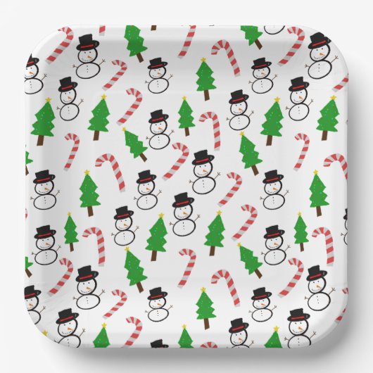 Fun Festive Snowman Candy Cane Tree Christmas Pappteller (Vorderseite)