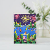 Fun Fireworks 4. Juli Folk Art Postkarte (Stehend Vorderseite)