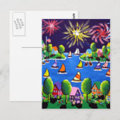 Fun Fireworks 4. Juli Folk Art Postkarte (Vorne/Hinten)