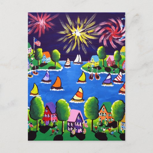 Fun Fireworks 4. Juli Folk Art Postkarte (Vorderseite)