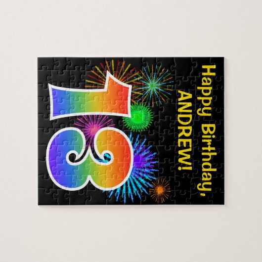 Fun Fireworks + Rainbow Pattern "13" Birthday # Puzzle (Horizontal)