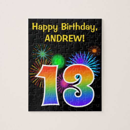 Fun Fireworks + Rainbow Pattern "13" Birthday # Puzzle (Vertikal)