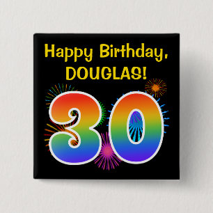 Fun Fireworks + Rainbow Pattern "30" Birthday # Button