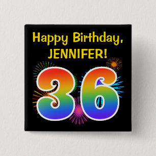 Fun Fireworks + Rainbow Pattern "36" Birthday # Button