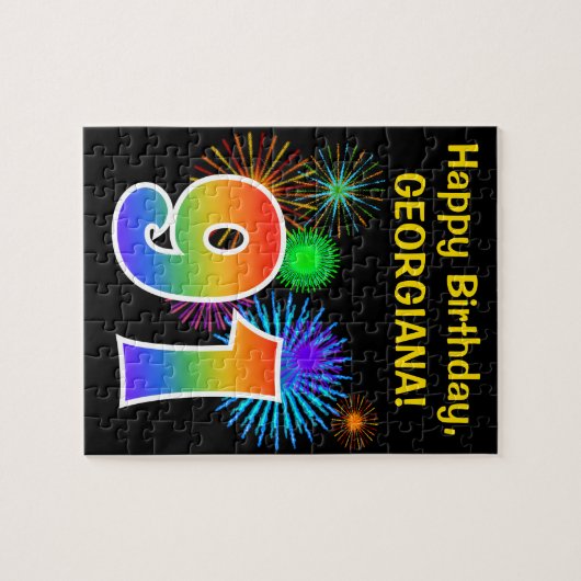 Fun Fireworks + Rainbow Pattern "91" Birthday # Puzzle (Horizontal)