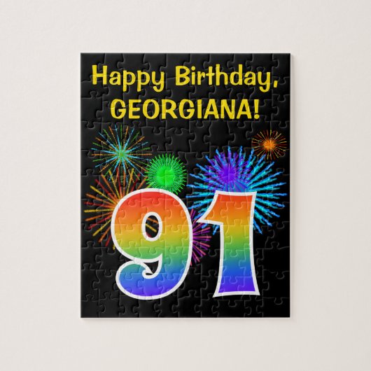 Fun Fireworks + Rainbow Pattern "91" Birthday # Puzzle (Vertikal)