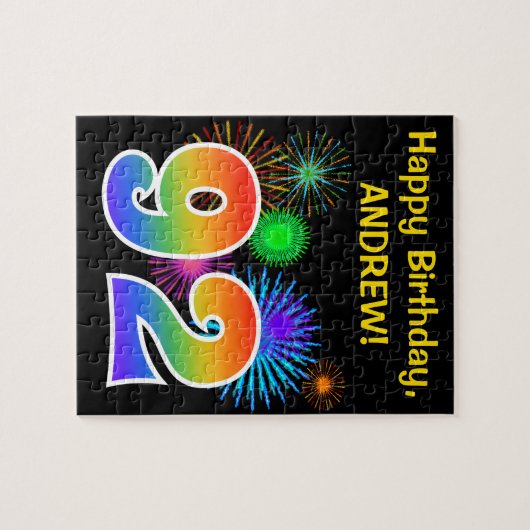 Fun Fireworks + Rainbow Pattern "92" Birthday # Puzzle (Horizontal)