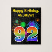 Fun Fireworks + Rainbow Pattern "92" Birthday # Puzzle (Vertikal)