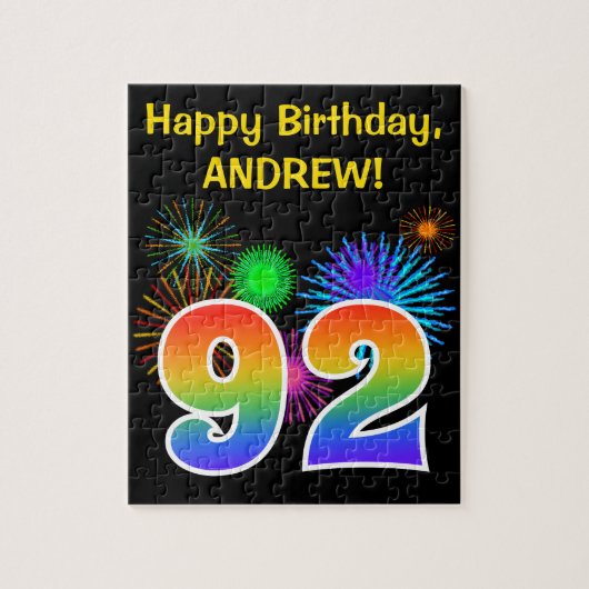 Fun Fireworks + Rainbow Pattern "92" Birthday # Puzzle (Vertikal)