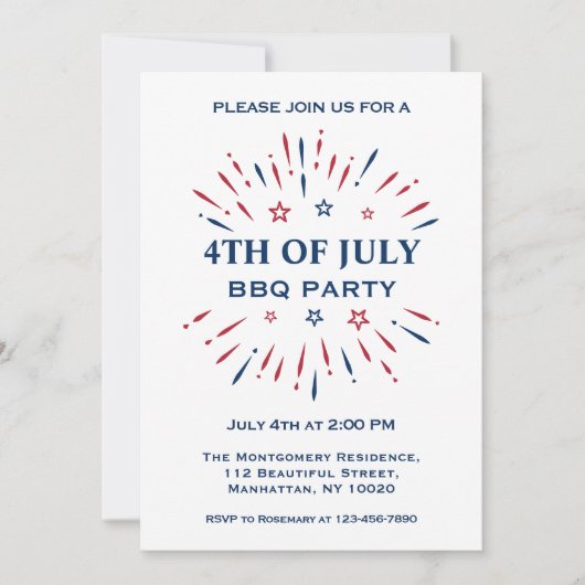 Fun Fireworks Red White Blue 4. Juli GRILLEN Party Einladung (Vorderseite)