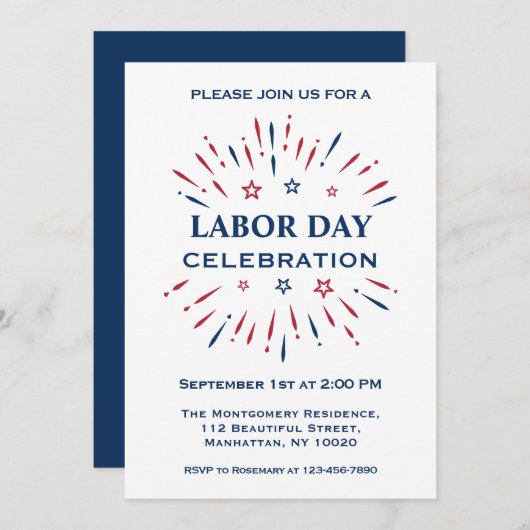 Fun Fireworks Red White Blue Labour Day Celebratio Einladung (Vorne/Hinten)