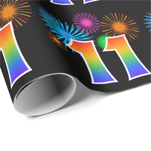 Fun Fireworks + Regenbogenmuster "11" Ereignisnumm Geschenkpapier (Rolleneckpunkt)