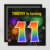 Fun Fireworks + Regenbogenmuster "11" Geburtstag # Einladung (Vorne/Hinten)