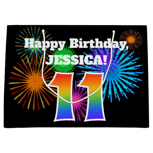 Fun Fireworks + Regenbogenmuster "11" Geburtstag # Große Geschenktüte (Vorderseite)