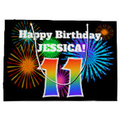 Fun Fireworks + Regenbogenmuster "11" Geburtstag # Große Geschenktüte (Rückseite)