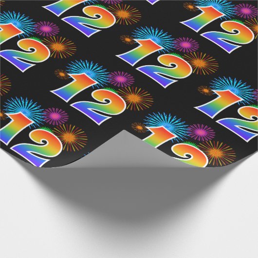 Fun Fireworks + Regenbogenmuster "12" Ereignisnumm Geschenkpapier (Ecke)