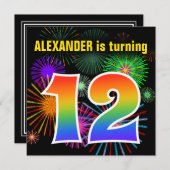 Fun Fireworks + Regenbogenmuster "12" Geburtstag # Einladung (Vorne/Hinten)