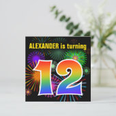 Fun Fireworks + Regenbogenmuster "12" Geburtstag # Einladung (Stehend Vorderseite)