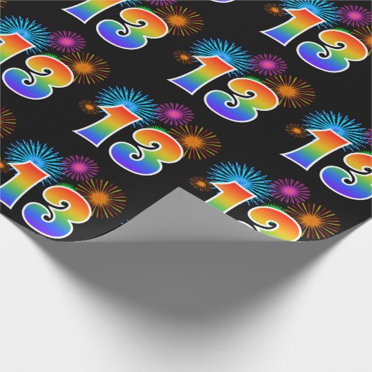 Fun Fireworks + Regenbogenmuster "13" Ereignisnumm Geschenkpapier (Ecke)
