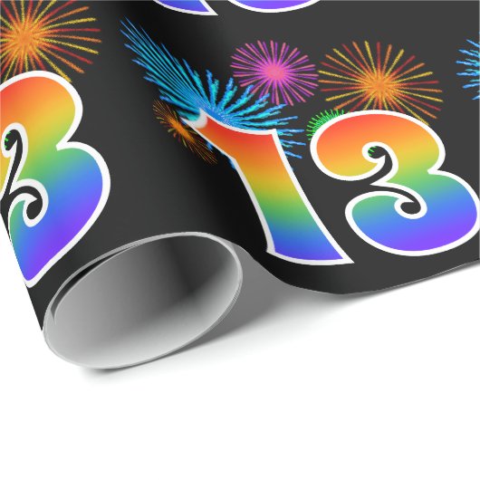 Fun Fireworks + Regenbogenmuster "13" Ereignisnumm Geschenkpapier (Rolleneckpunkt)