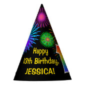 Fun Fireworks + Regenbogenmuster "13" Geburtstag # Partyhütchen (Vorderseite)