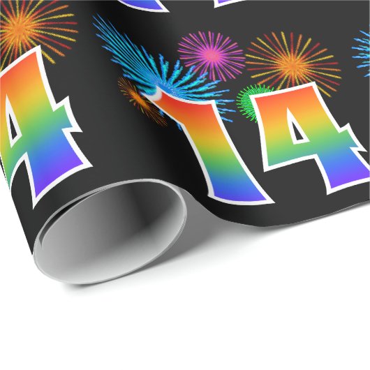 Fun Fireworks + Regenbogenmuster "14" Ereignisnumm Geschenkpapier (Rolleneckpunkt)