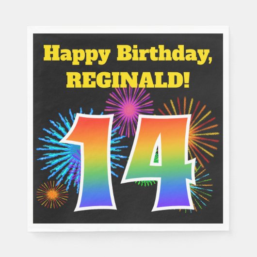 Fun Fireworks + Regenbogenmuster "14" Geburtstag # Serviette (Vorderseite)