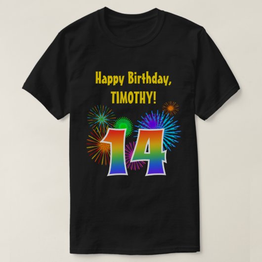 Fun Fireworks + Regenbogenmuster "14" Geburtstag # T-Shirt (Design vorne)