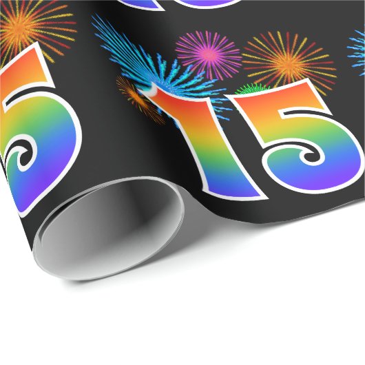 Fun Fireworks + Regenbogenmuster "15" Ereignisnumm Geschenkpapier (Rolleneckpunkt)