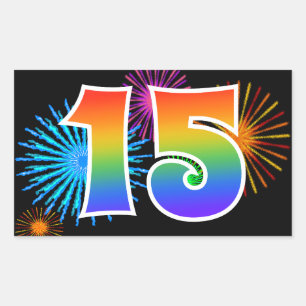 Fun Fireworks + Regenbogenmuster "15" Ereignisnumm Rechteckiger Aufkleber