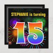 Fun Fireworks + Regenbogenmuster "15" Geburtstag # Einladung (Vorne/Hinten)