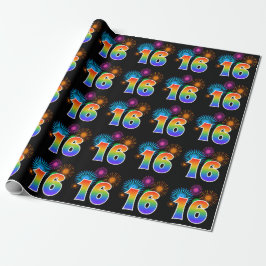 Fun Fireworks + Regenbogenmuster "16" Ereignisnumm Geschenkpapier