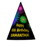 Fun Fireworks + Regenbogenmuster "16" Geburtstag # Partyhütchen (Vorderseite)