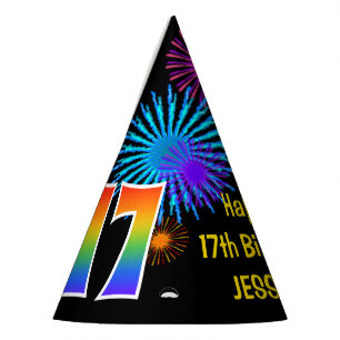 Fun Fireworks + Regenbogenmuster "17" Geburtstag # Partyhütchen