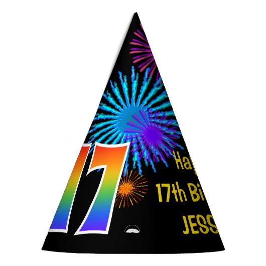 Fun Fireworks + Regenbogenmuster "17" Geburtstag # Partyhütchen (Links)