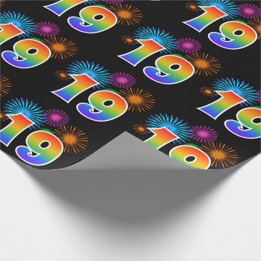 Fun Fireworks + Regenbogenmuster "19" Ereignisnumm Geschenkpapier (Ecke)