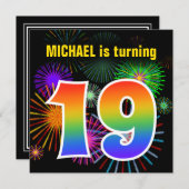 Fun Fireworks + Regenbogenmuster "19" Geburtstag # Einladung (Vorne/Hinten)