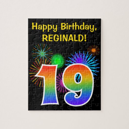 Fun Fireworks + Regenbogenmuster "19" Geburtstag # Puzzle (Vertikal)