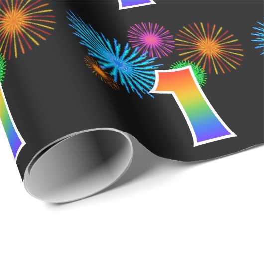 Fun Fireworks + Regenbogenmuster "1" Ereignisnumme Geschenkpapier (Rolleneckpunkt)