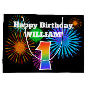 Fun Fireworks + Regenbogenmuster "1" Geburtstag # Große Geschenktüte (Rückseite)