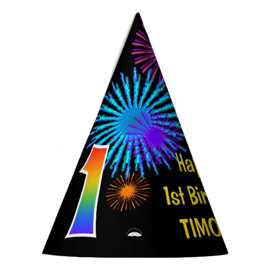 Fun Fireworks + Regenbogenmuster "1" Geburtstag # Partyhütchen (Links)