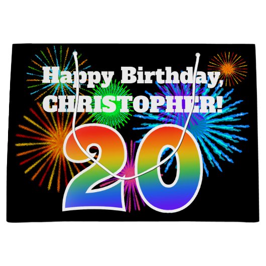Fun Fireworks + Regenbogenmuster "20" Geburtstag # Große Geschenktüte (Vorderseite)