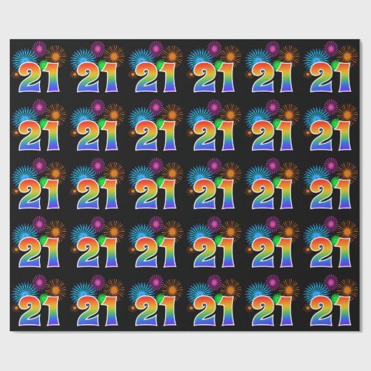 Fun Fireworks + Regenbogenmuster "21" Ereignisnumm Geschenkpapier (Flach)