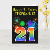 Fun Fireworks + Regenbogenmuster "21" Geburtstag # Karte (Gelbe Blume)