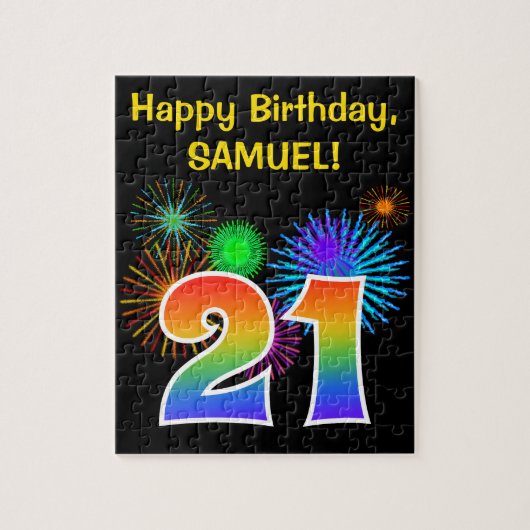 Fun Fireworks + Regenbogenmuster "21" Geburtstag # Puzzle (Vertikal)