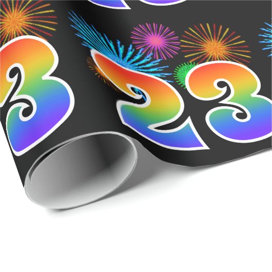 Fun Fireworks + Regenbogenmuster "23" Ereignisnumm Geschenkpapier (Rolleneckpunkt)