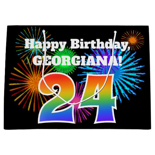Fun Fireworks + Regenbogenmuster "24" Geburtstag # Große Geschenktüte (Vorderseite)