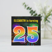 Fun Fireworks + Regenbogenmuster "25" Geburtstag # Einladung (Stehend Vorderseite)